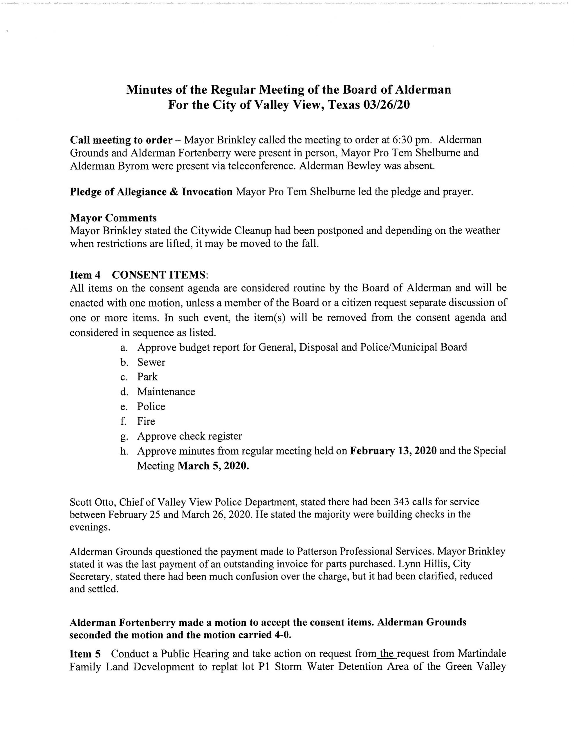 March 26, 2020 Regular Meeting Minutes - City of Valley View, Texas